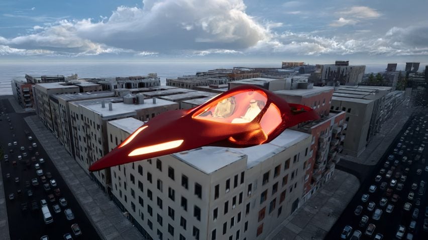 A visualisation of an aircraft in tones of red, flying above a city, with a blue sky above.