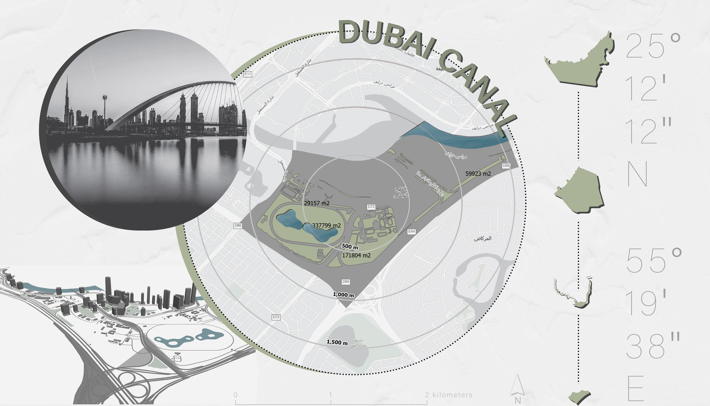 A visualisation of a map in tones of green, grey and black.