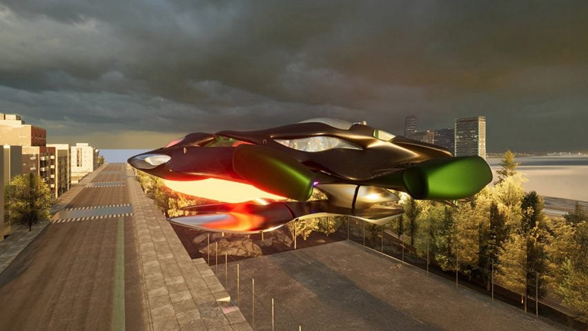 A visualisation of an aircraft in tones of green and orange, flying above a grey road.