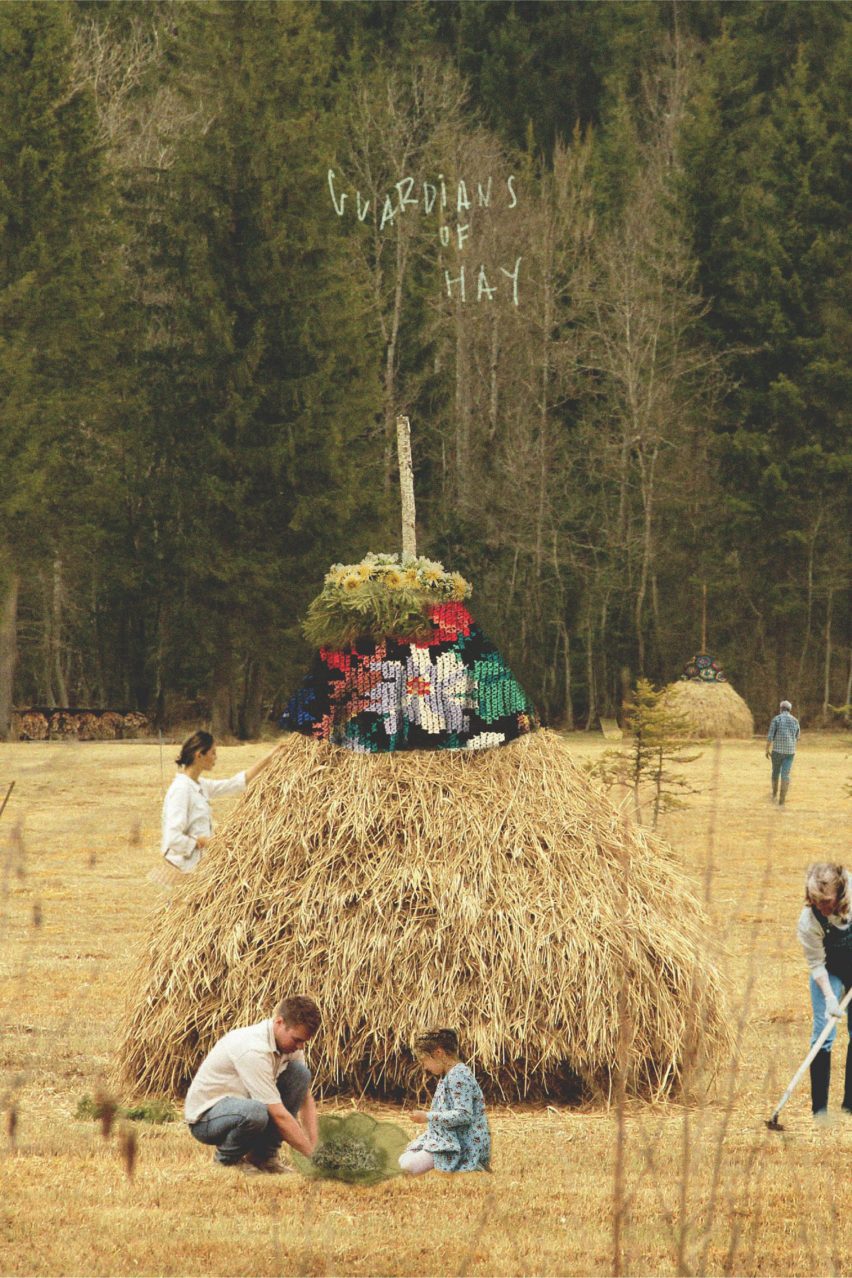 A collaged photograph of a haystack in a field, with green trees surrounding it. There is a wooden pole at the top of it with a bunch of yellow flowers and a coloured flag attached in tones of black, red, white and green. There are two people sat in front of the haystack and another person attending to it behind it.