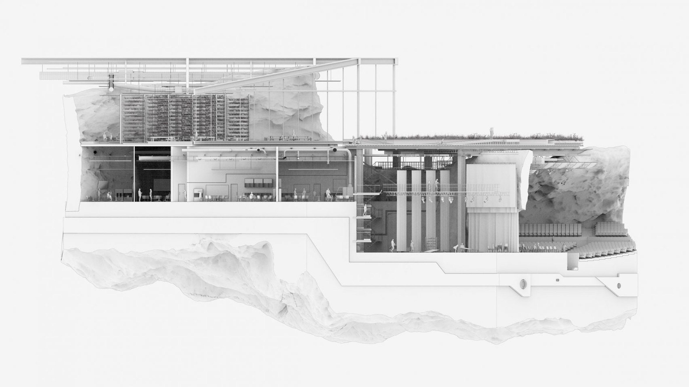 A visualisation of an adaptive reuse of a shopping centre in tones of black and white.