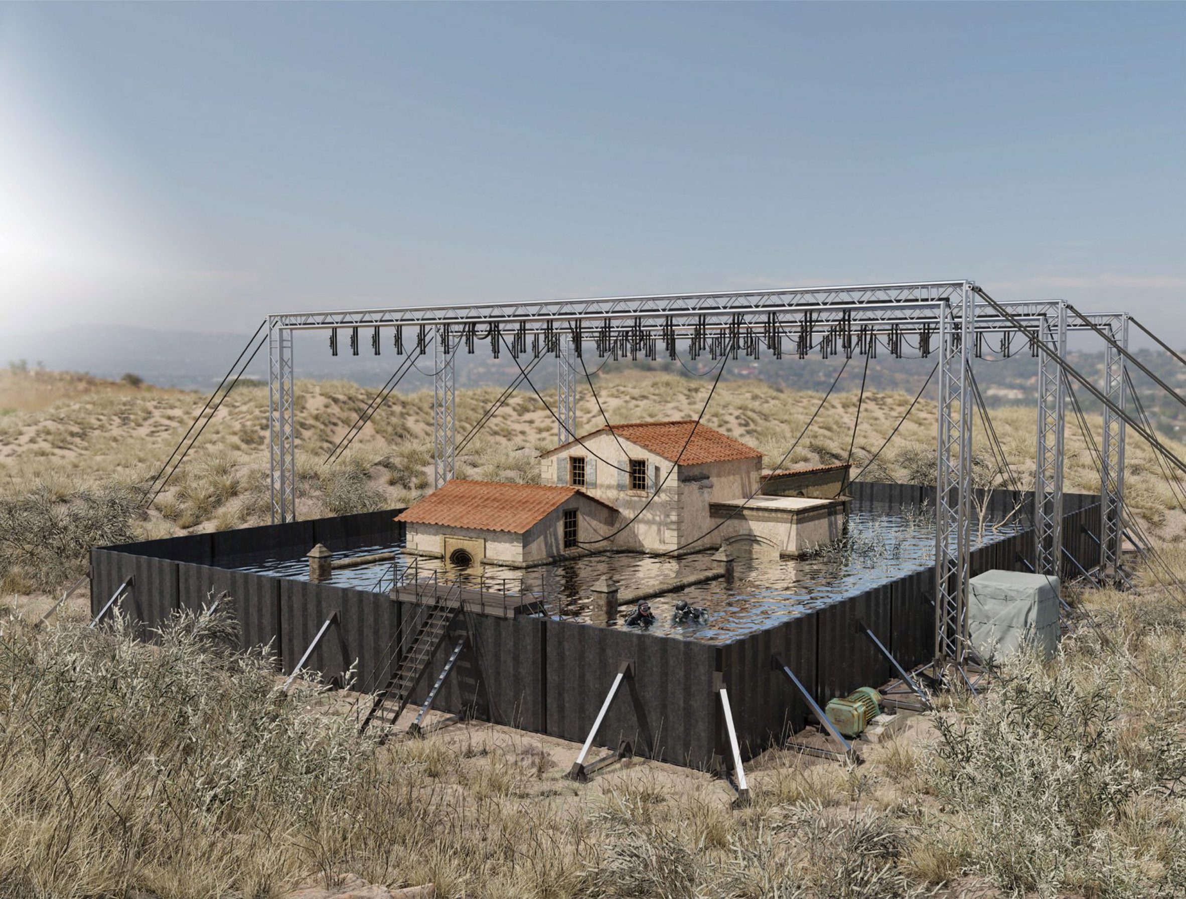 A visualisation of an architectural research model in a rural setting. The model is a large vessel of water, containing a building in brown tones, with a metal frame over its head. There is a blue sky above.