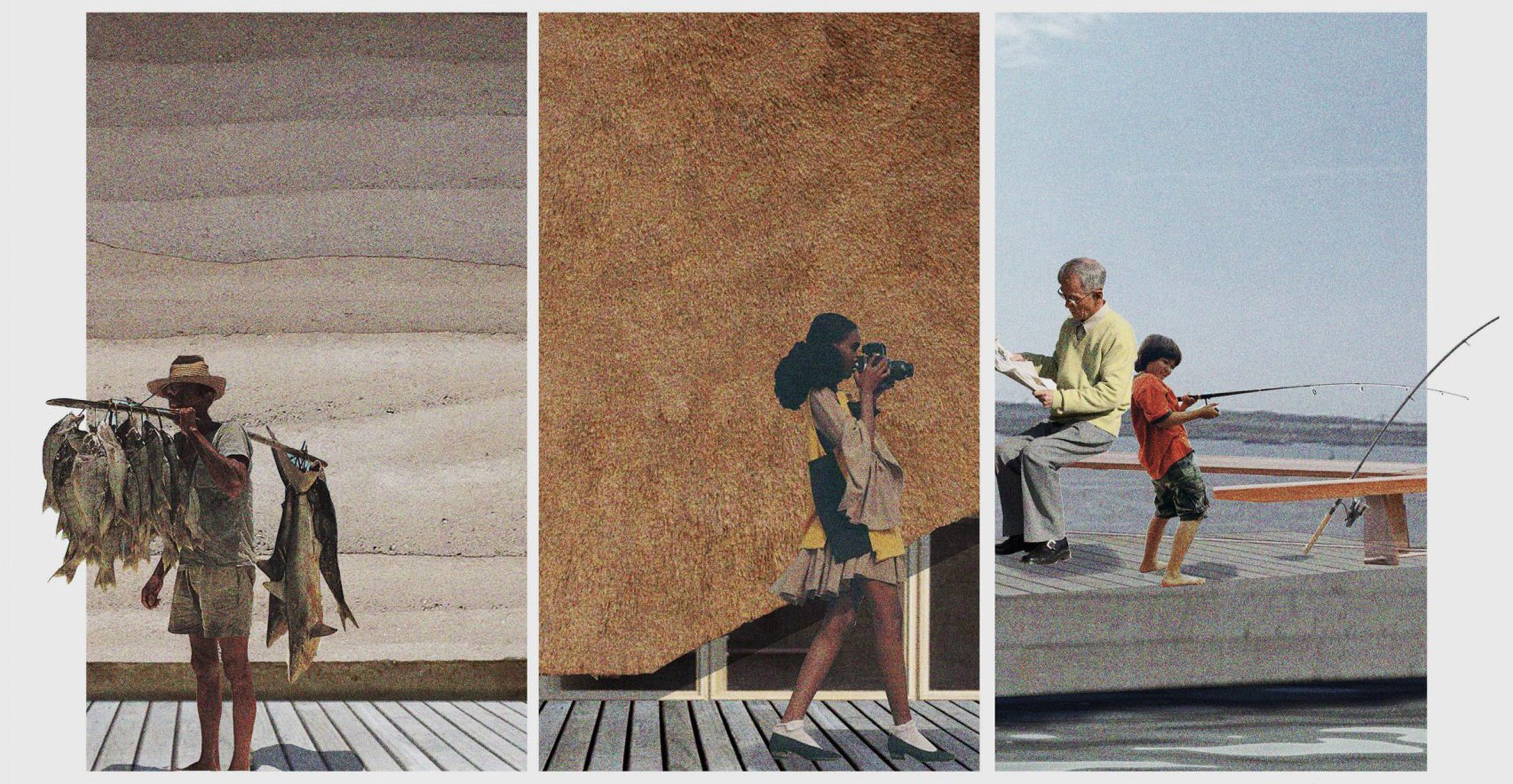 A series of three visualisations that represent a seafood farming hub. The first displays a person holding a stick of fish over their shoulder with hanging from it, in tones of brown and grey. The second shows a person from their side profile using a camera, against a brown backdrop. The third shows two people fishing, with a blue backdrop.