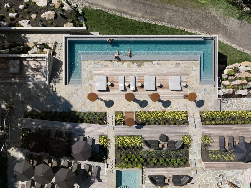 Aerial view of a swimming pool and sun terrace