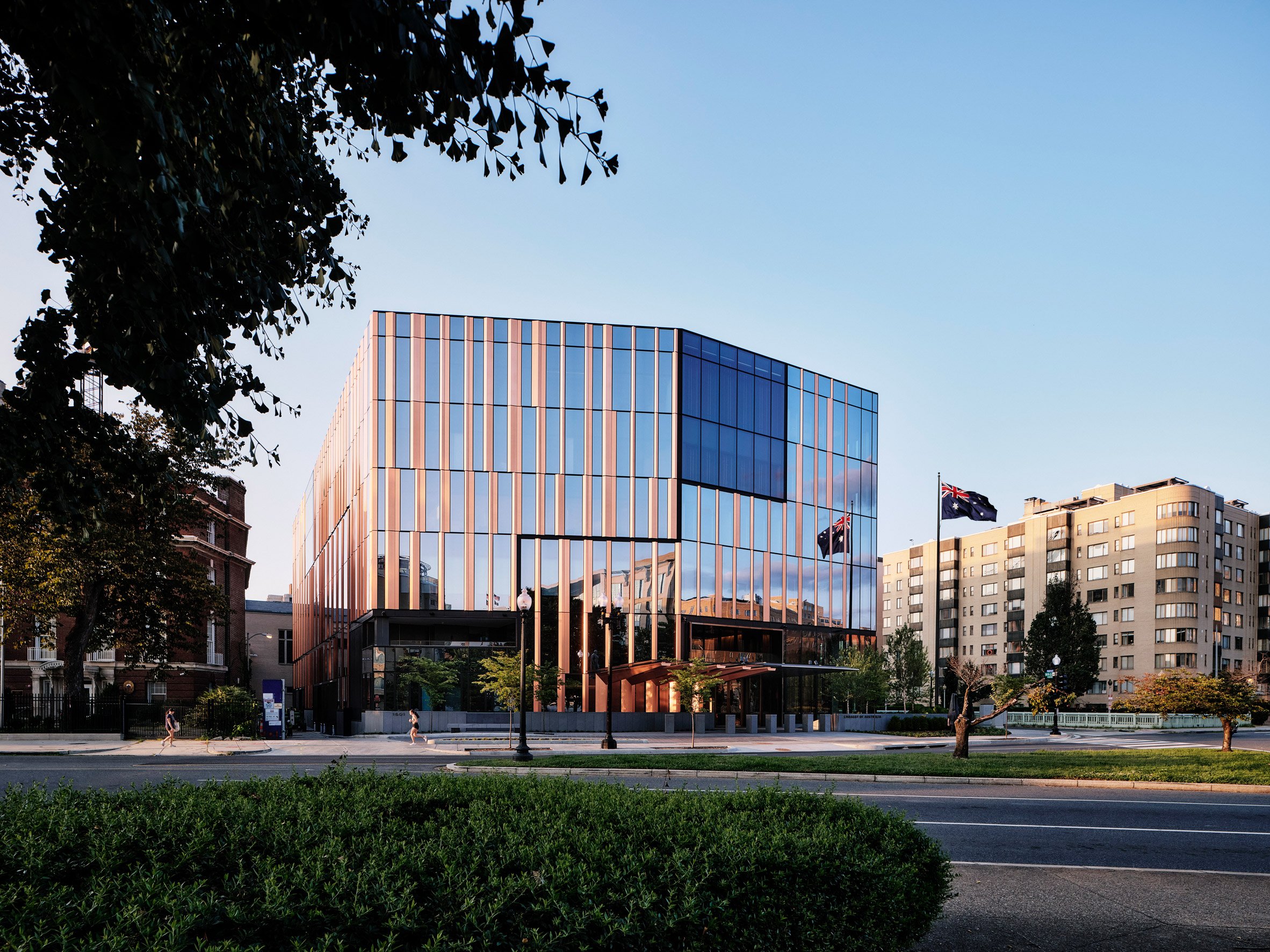 Glass and copper embassy building