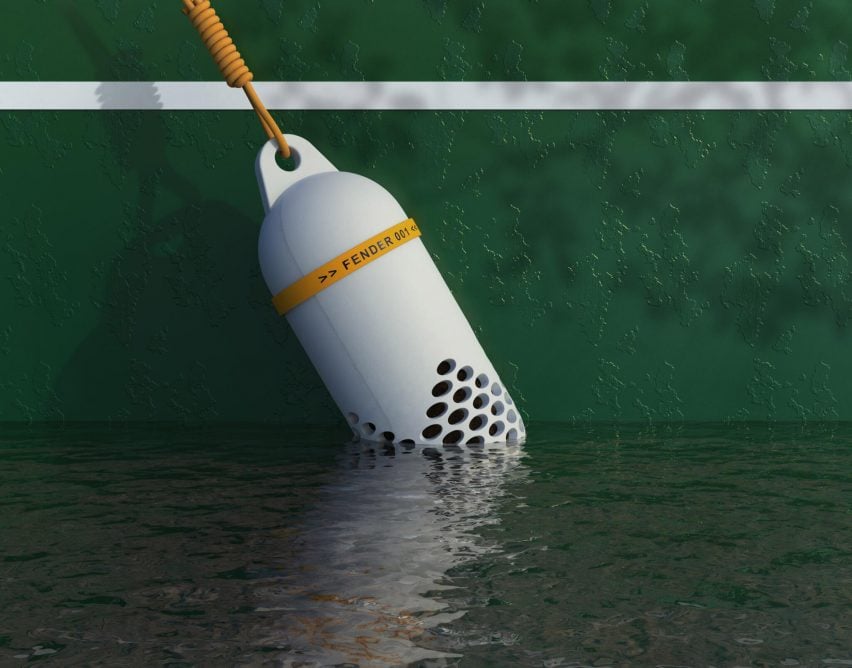 Close up of Bio-Fender by Rehan Petit attached to a boat in water