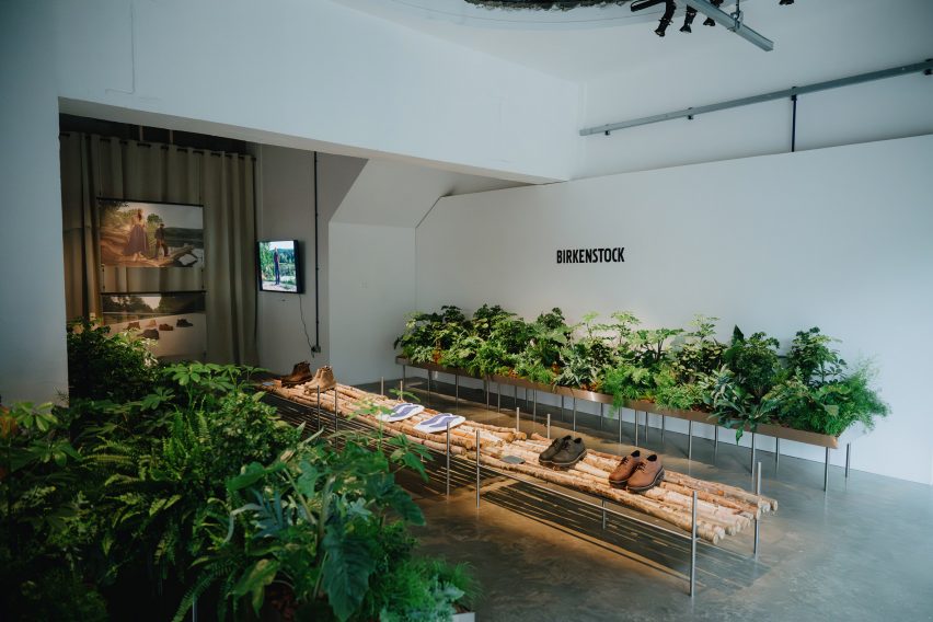 Photo of Birkenstock closed shoes within a nature-themed installation at Birkenstock Studio London