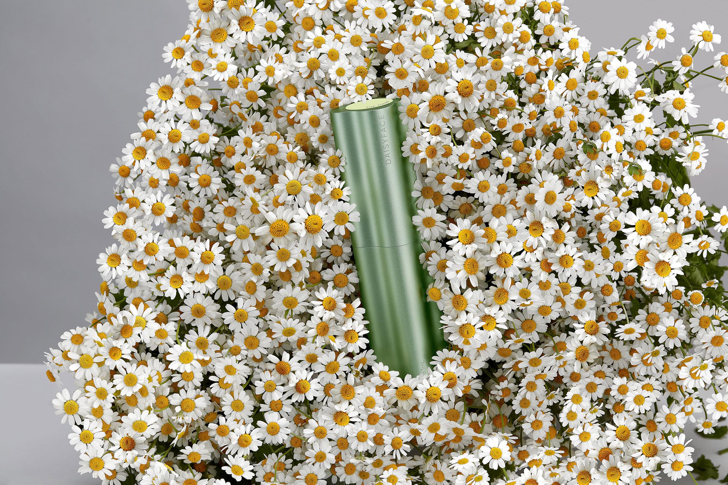 Green bottle on bed of daisies