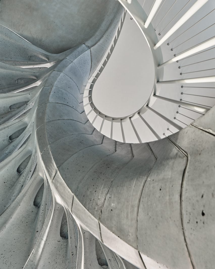 Worm's eye view photo of the Cadenza staircase by ETH Zurich showing curved, spiralling and organic-shaped forms