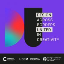 A digital graphic in tones of purple, red and green. There is all capitalised text in black and white overlaid which reads: design across borders united in creativity.