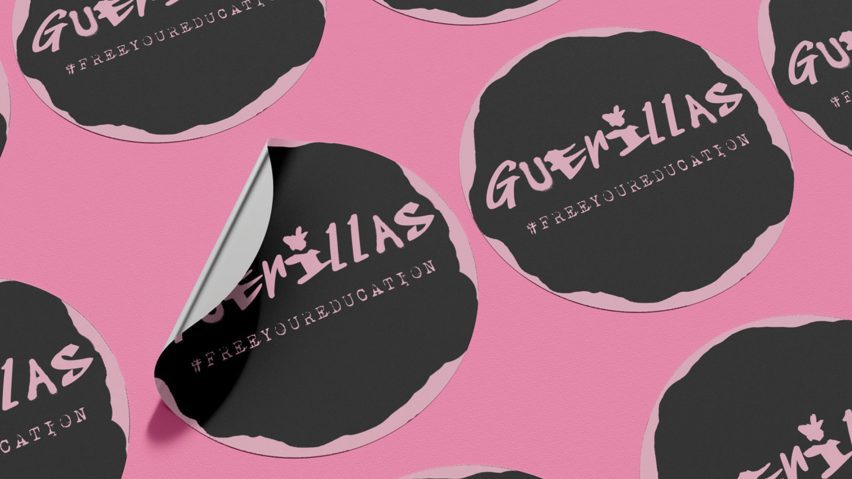 A photograph of a series of stickers in tones of black and pink with the word 'Guerillas' written on them.