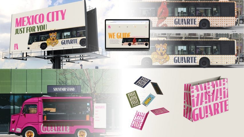 A series of images presenting a rebranding for a your guide company, showing the branding on buses, bags, laptops and billboards in tones of pink, green, yellow, black and blue.