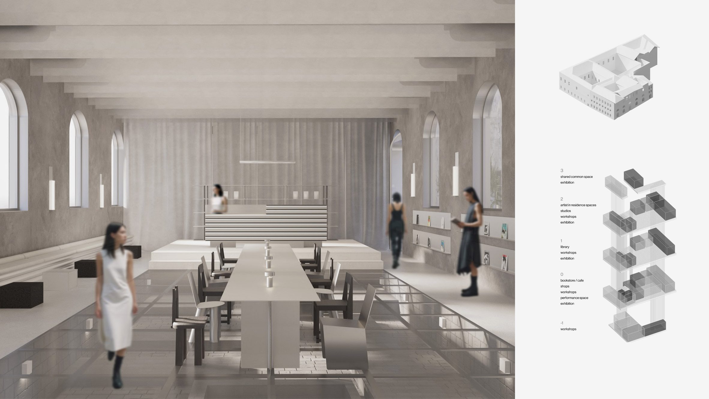 A visualisation of a creative centre in tones of grey and white, with people in the space, beside a 3d floor plan.