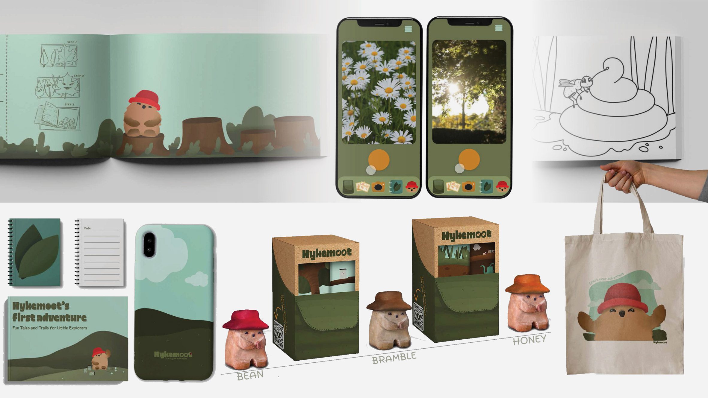 A series of images presenting an app design, showing its branding across phones, phone cases, bags, notebooks and brochures, in tones of blue and green. There is an illustration of a brown bear with a red hat on that is featured in the branding.