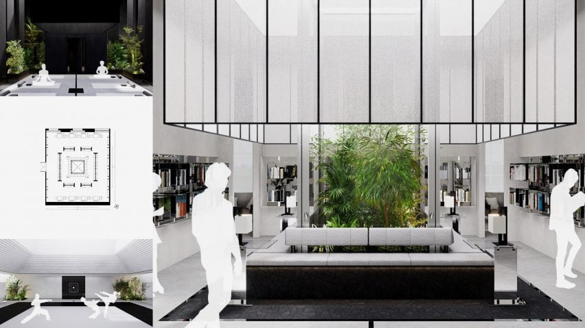 A visualisation of a wellness centre in tones of grey, white and black, with a green plant in its centre and white figures in the space.