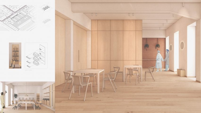 A visualisation of a community centre in tones of brown and white, with figures, tables and chairs in the space.