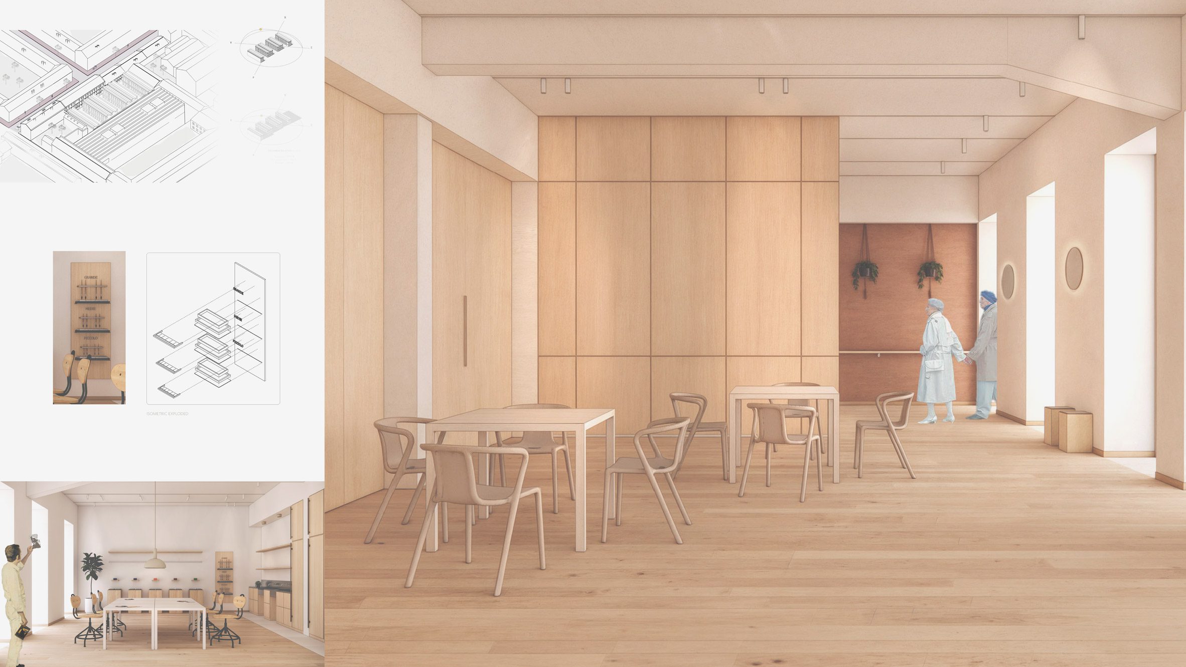 A visualisation of a community centre in tones of brown and white, with figures, tables and chairs in the space.