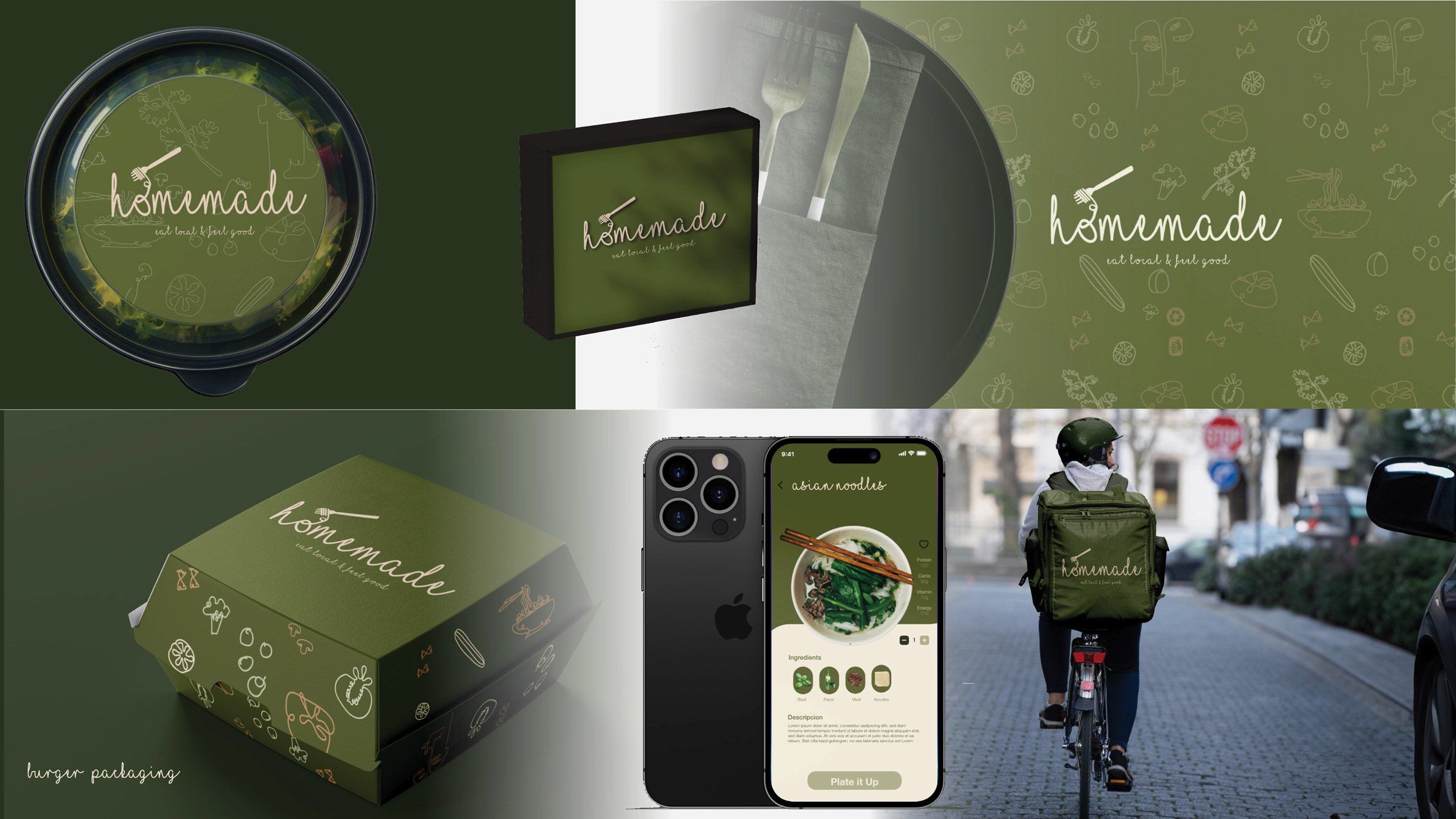 A series of images presenting the branding for a food delivery service, displaying a food takeaway box, an app, and a delivery rider on a bike. Each show the brand's identity in tones of green alongside illustrations of food items.