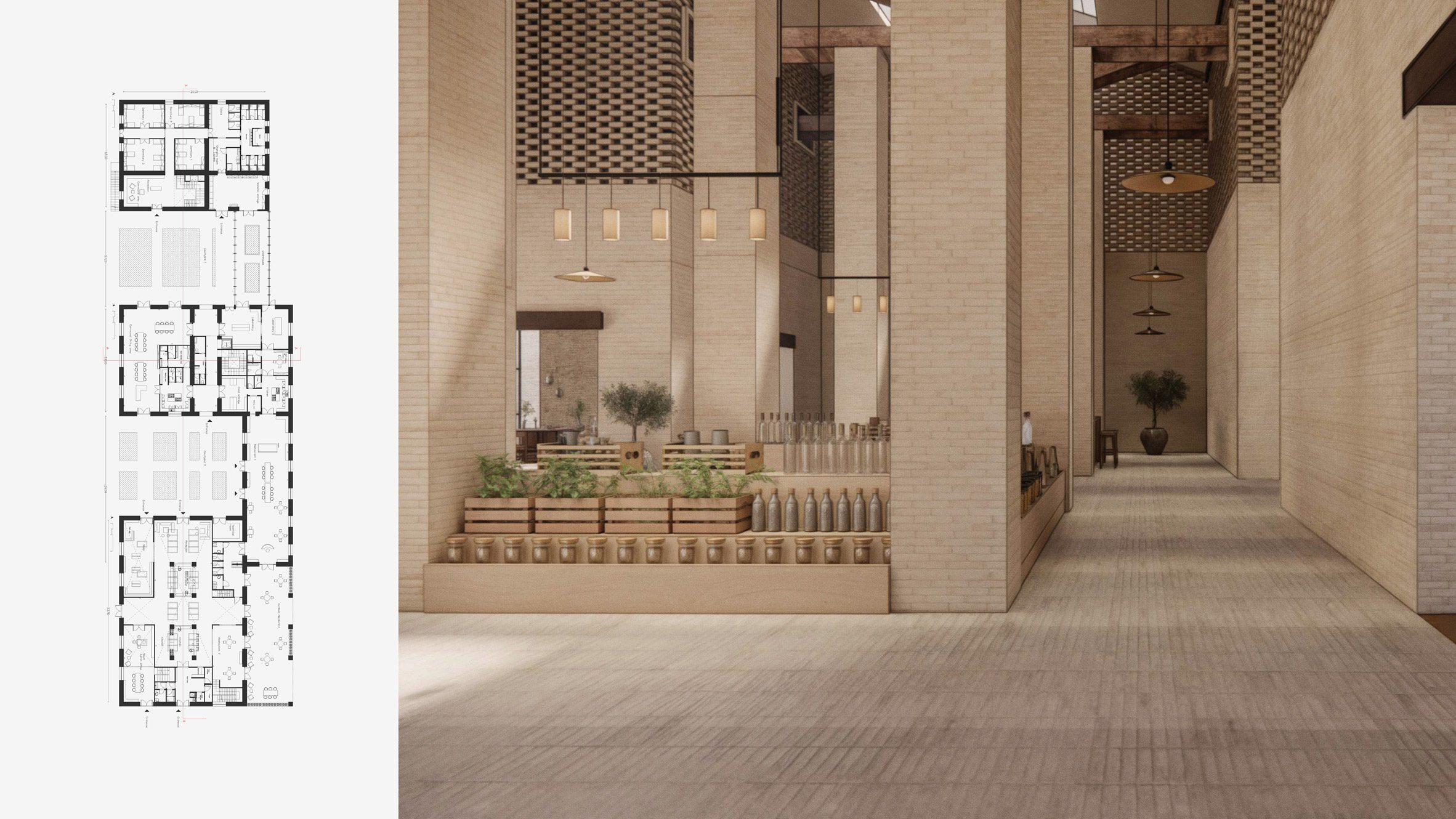 A visualisation of a centre for ecological farming, in tones of grey and brown, with brick walls and planters.