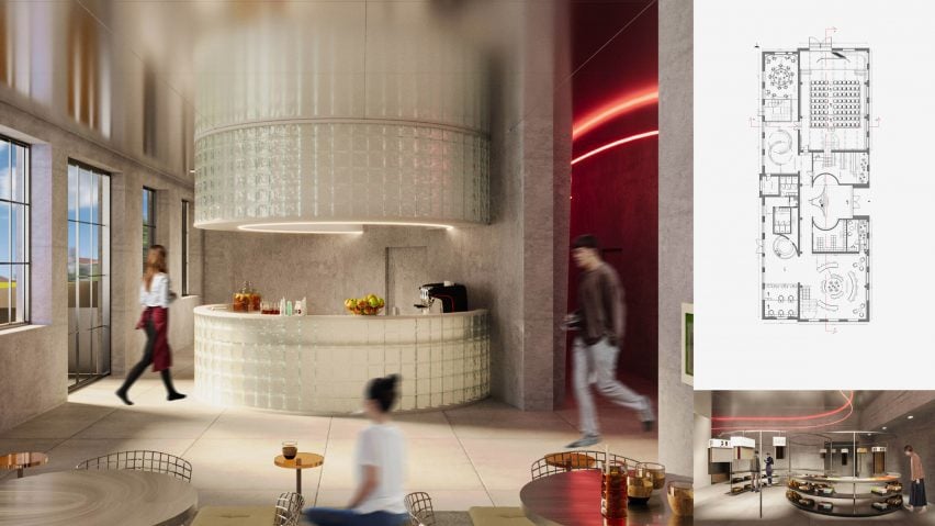 A visualisation of a design and architecture centre, with seating and a bar and figures in the space, with tones of red, white, grey and brown.