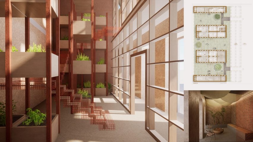 A visualisation of a youth centre in tones of brown, read and green, with square shelving units with green plants in them.