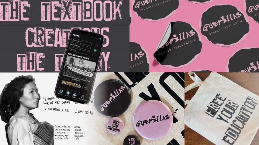 A series of images presenting a rebrand of school materials in tones of pink, black and white, presented across a logo, a bag and a phone.