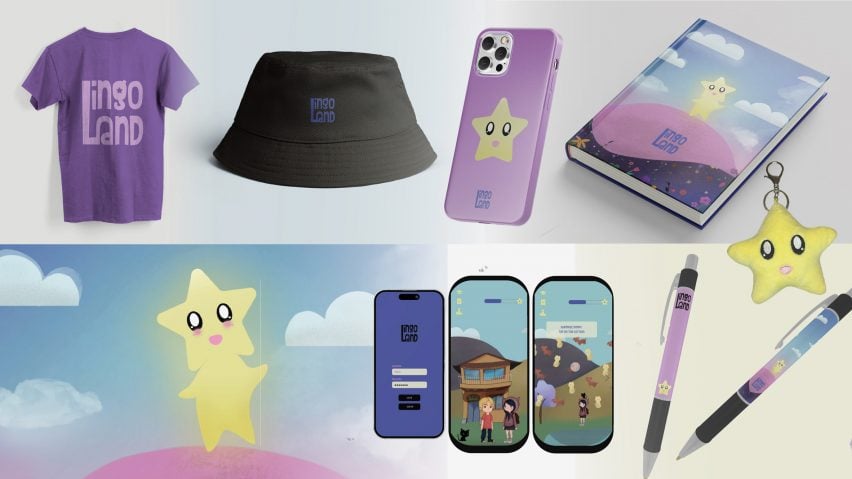 A series of images presenting an app design and its branding, displayed across images of a t-shirt, a hat, a phone and a notebook and pens, in tones of blue, purple and yellow.