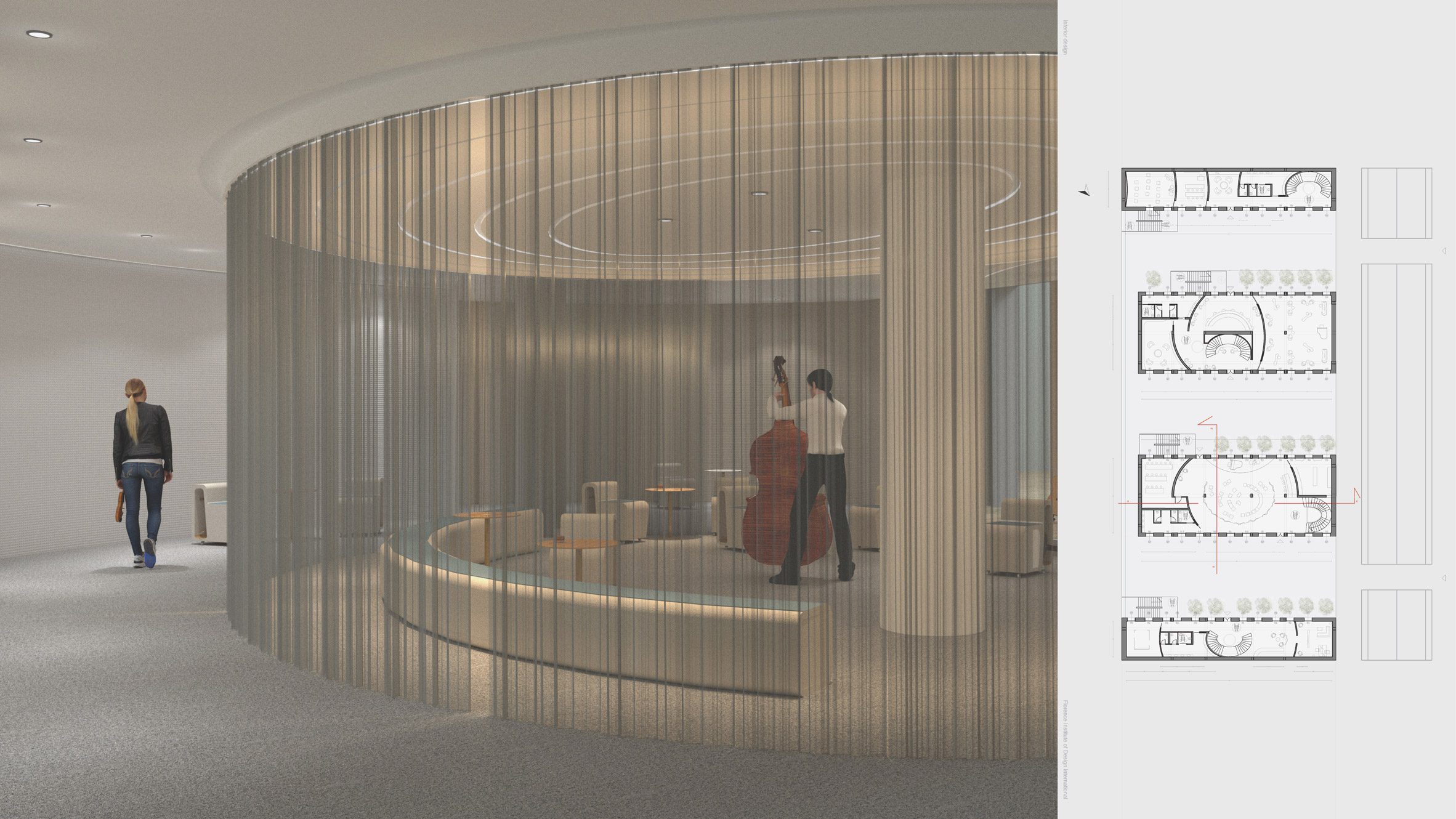 A visualisation of a music centre in tones of grey with people in the space, featuring a curved sheer grey curtain.