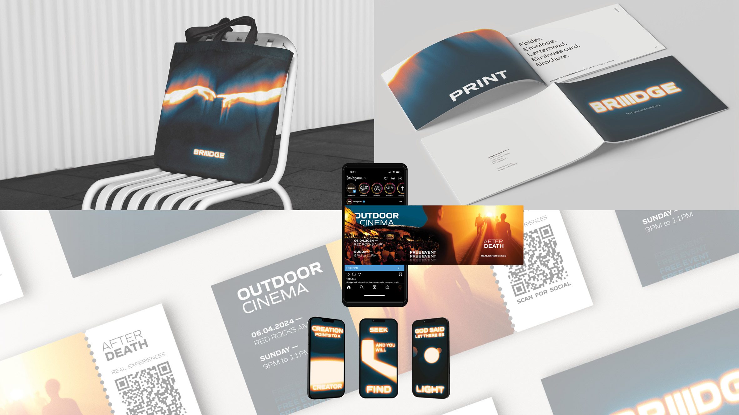 A series of images presenting the branding for a non-profit company promoting community within religion, displayed across a bag, a brochure and social media, in tones of blue, orange and white.