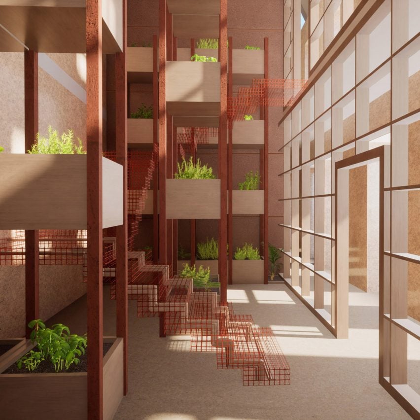 A visualisation of a youth centre in tones of brown, read and green, with square shelving units with green plants in them.