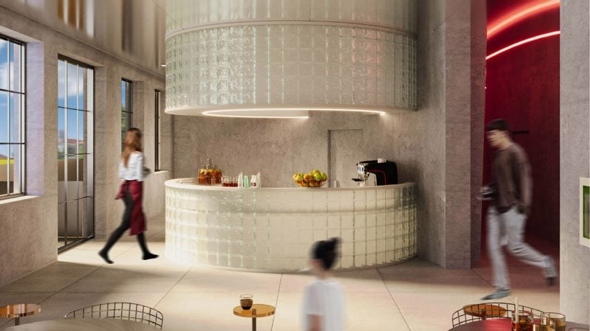 A visualisation of a design and architecture centre, with seating and a bar and figures in the space, with tones of red, white, grey and brown.