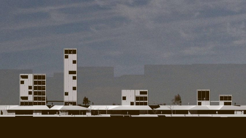 A visualisation of a skyline, with buildings in tones of white and brown, against a blue and grey sky.