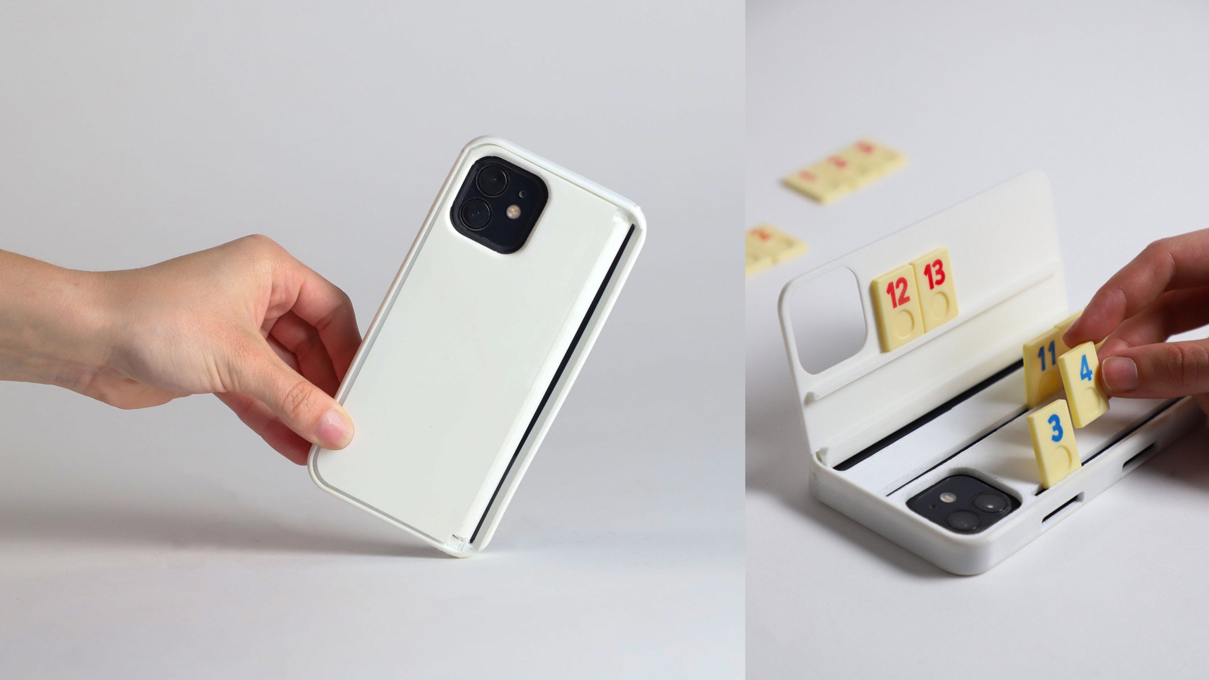 Two photographs adjacent to one another; the first shows a person's hand holding a smartphone with a white case on it, against a white backdrop; the second shows a smartphone with a white fold out case that allows for a game to be played on it, using beige square counters with red and blue numbers on them.