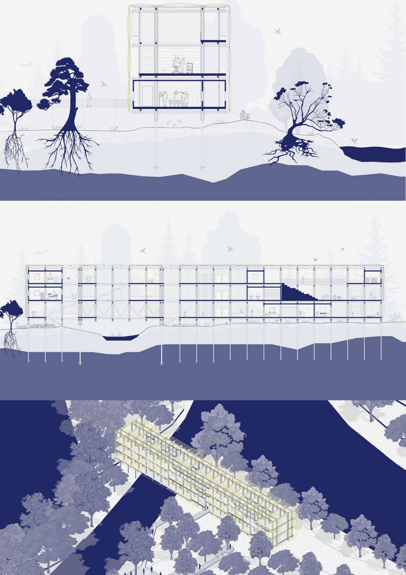 A series of three visualisations of a building design in tones of blue, white and yellow.