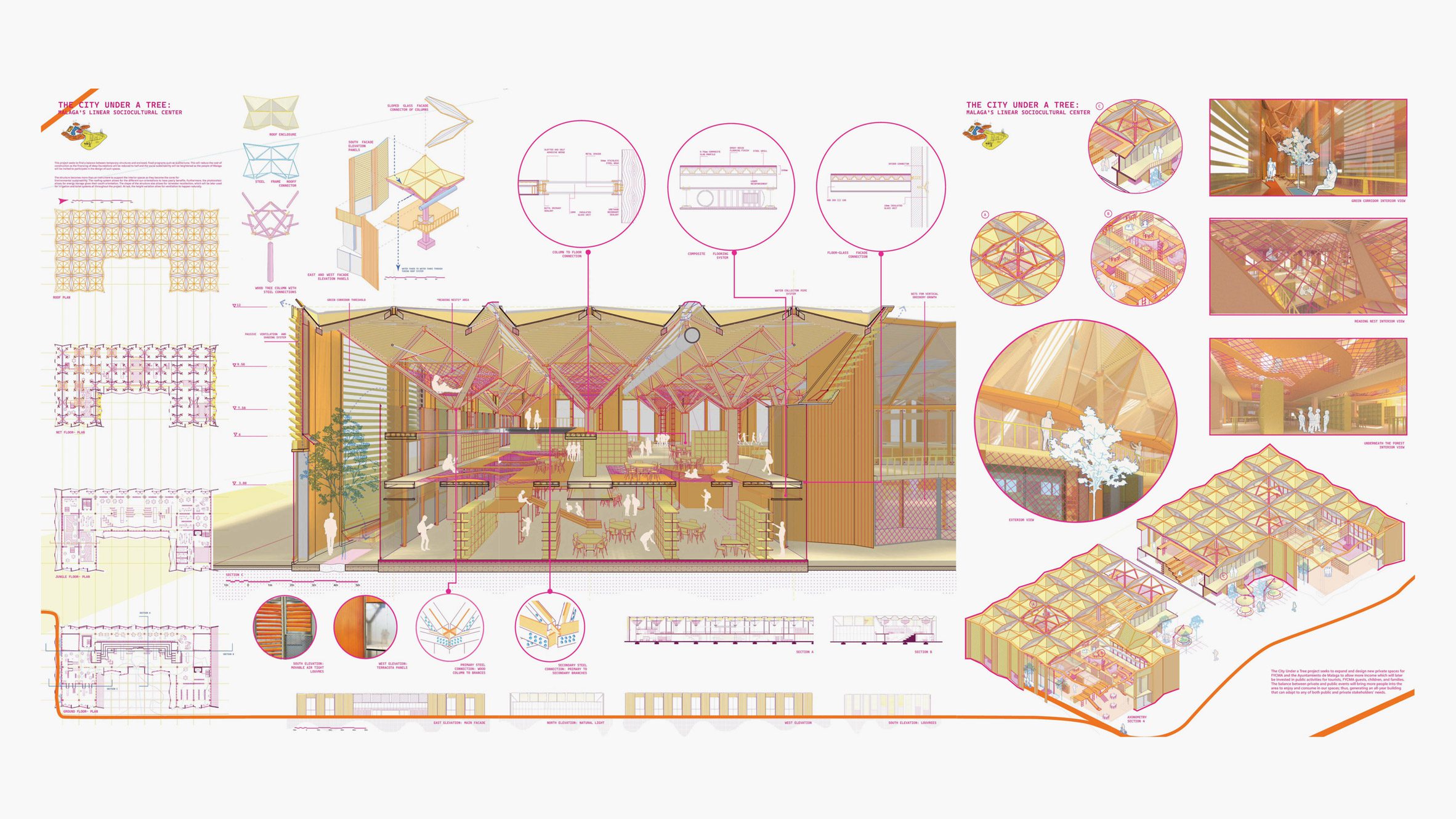 A visualisation of a detailed building design and plan in tones of orange, pink and yellow, against a white backdrop.