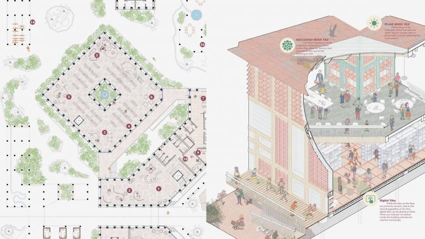 A visualisation and plan of a building in tones of pink, green and red, against a white backdrop.