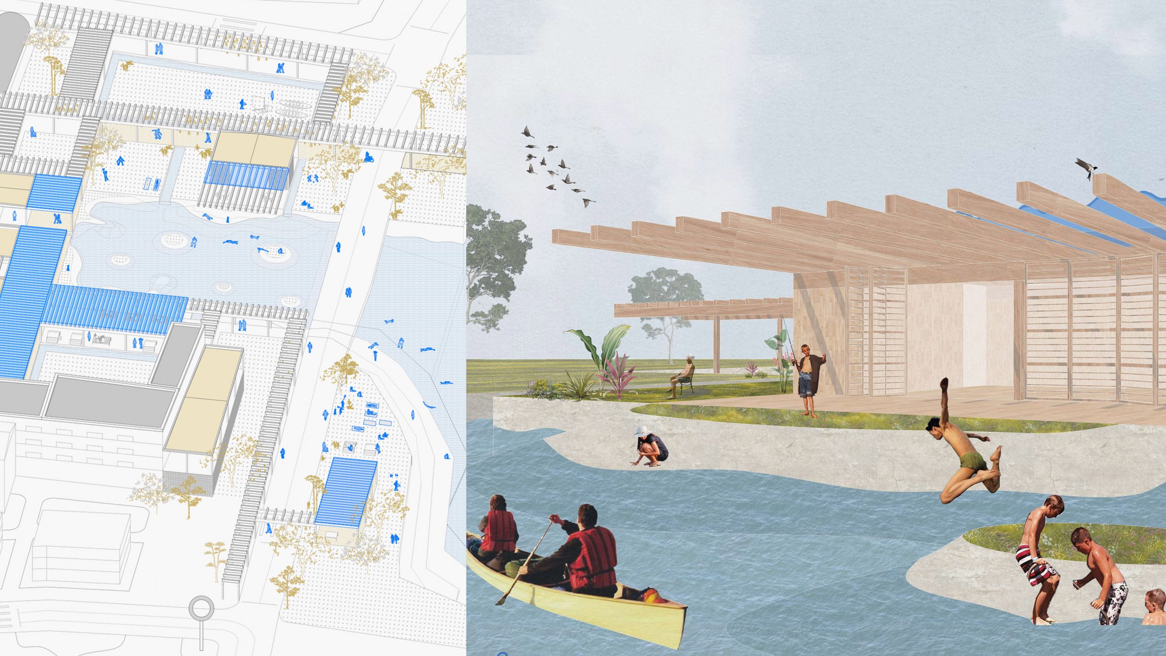 Two images adjacent to one another; the first displays a three-dimensional map buildings in tones of blue, beige and white, the second a visualisation of a building in tones of brown, overlooking a body of blue water. There are people kayaking in the water and others in and around it.