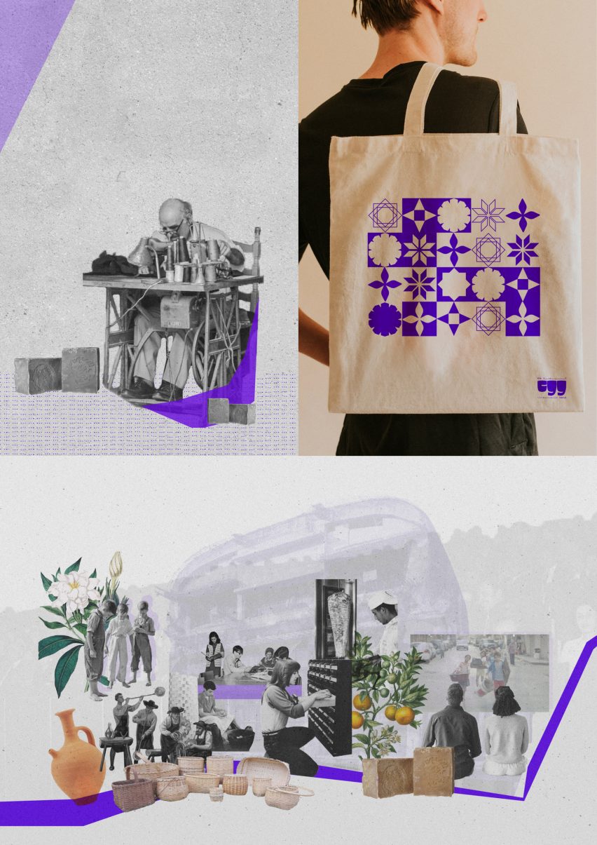 A series of images; one displaying a digital image of a person sat at a table using a sewing machine in tones of black, white and purple; another a photograph of a person wearing a bag in tones of beige and purple; the last an abstract visualisation showing people, plants, boxes and vases, in tones of black, white, brown, green and purple.