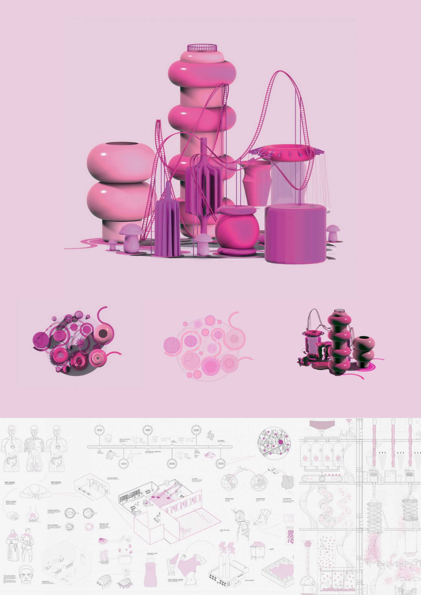 A visualisation of a building, which takes form as stacked spherical shapes in tones of pink, against a pink backdrop. Below it is a detailed plan of the design with illustrations in tones of black, pink and white.