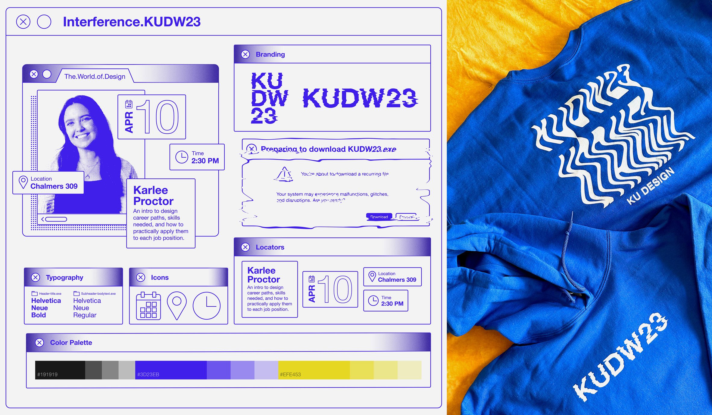 Two images next to one another; one is a digital image displaying a student's design profile in tones of purple and blue, the other is a photograph of a blue hoodie and t shirt with white details on them.