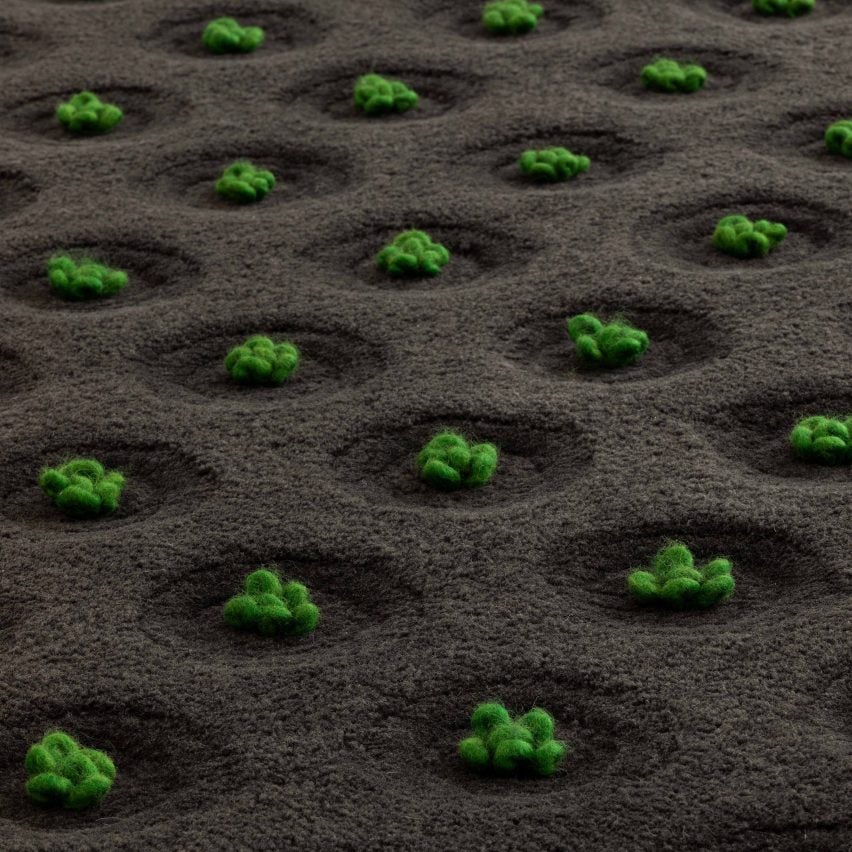 Rug with hand-tufted green plants set on top of a black backdrop