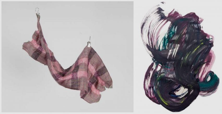 A photograph of a sheet of checked fabric in tones of pink, purple and brown, against a white backdrop. Beside this photograph is an image of paint brushstrokes in tones of dark purple and green against a white backdrop.