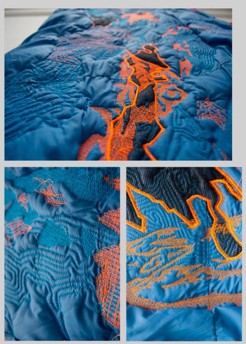 A series of three photographs showing details of a textile design in tones of blue and orange.