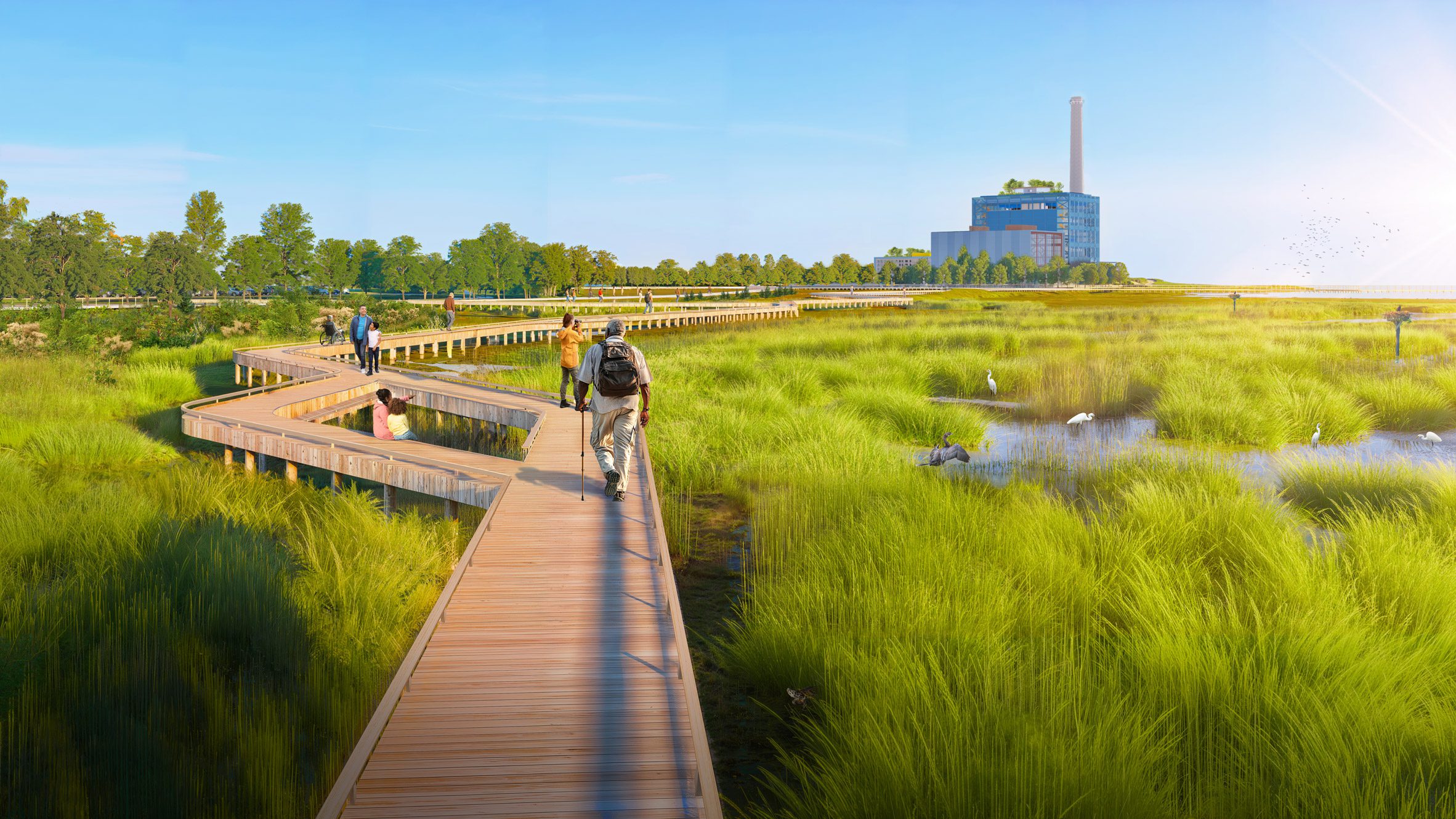 People walking on a boardwalk