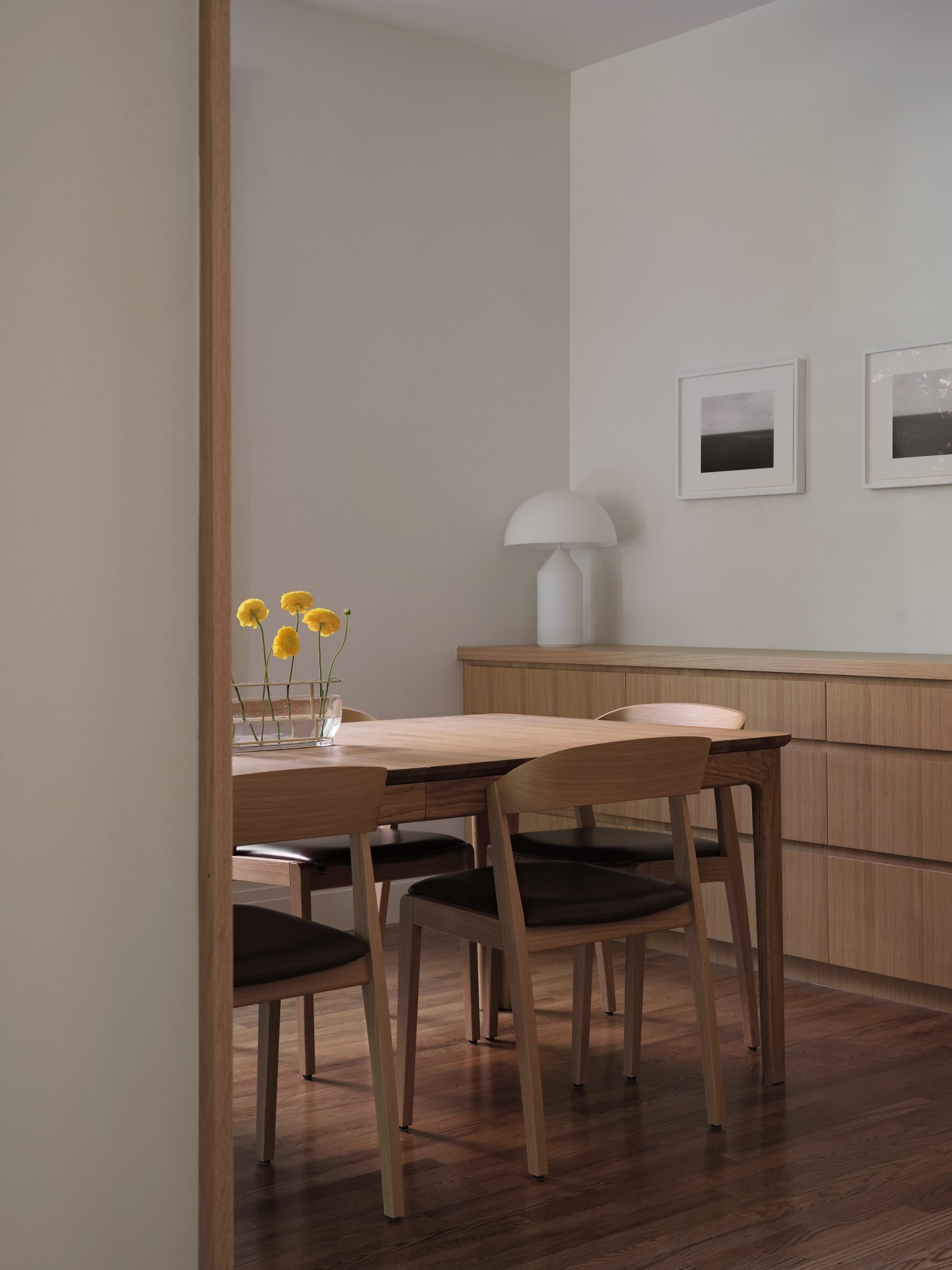 View into a dining room with wood furniture