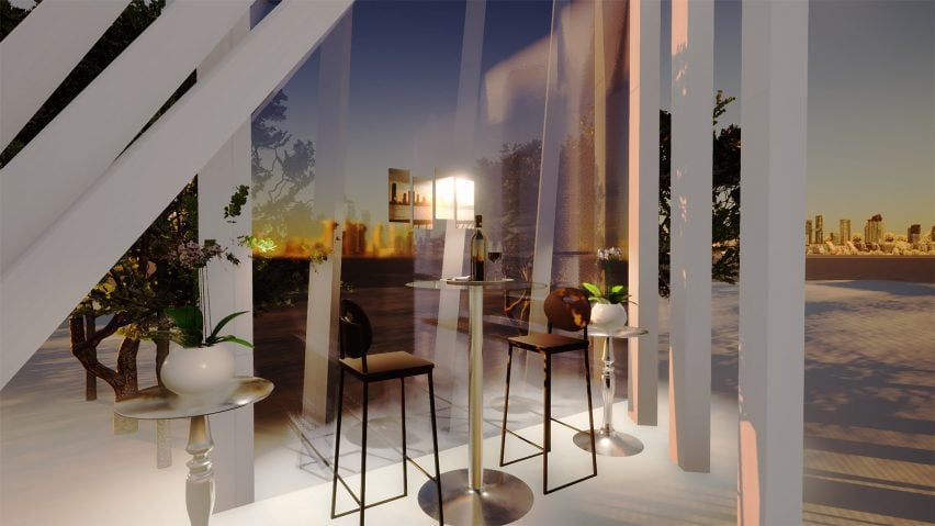 A visualisation of a living space with brown stools and silver tables and glass walls that display gradient sunset tones.