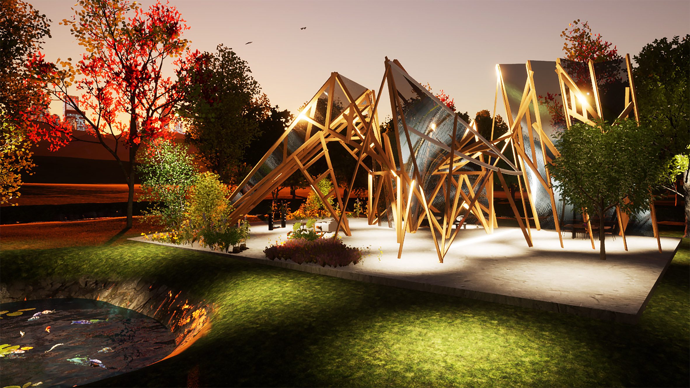 A visualisation of a garden with a wooden pavilion structure in it, surrounded by green and red leaved trees.