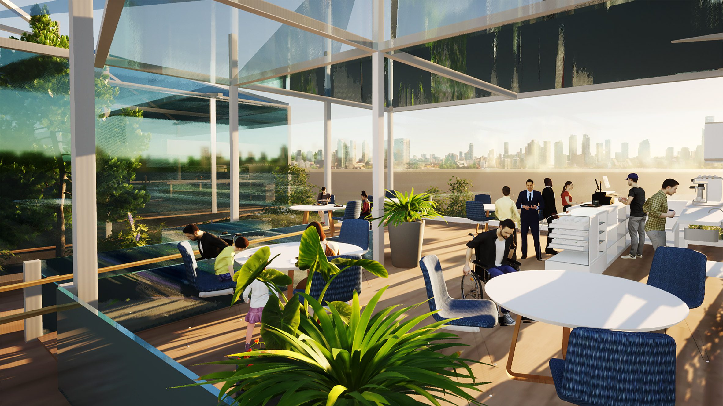 A visualisation of a cafe with brown flooring, white tables and blue chairs, with glass walls surrounding it that show views of a city. There are multiple figures in the space.