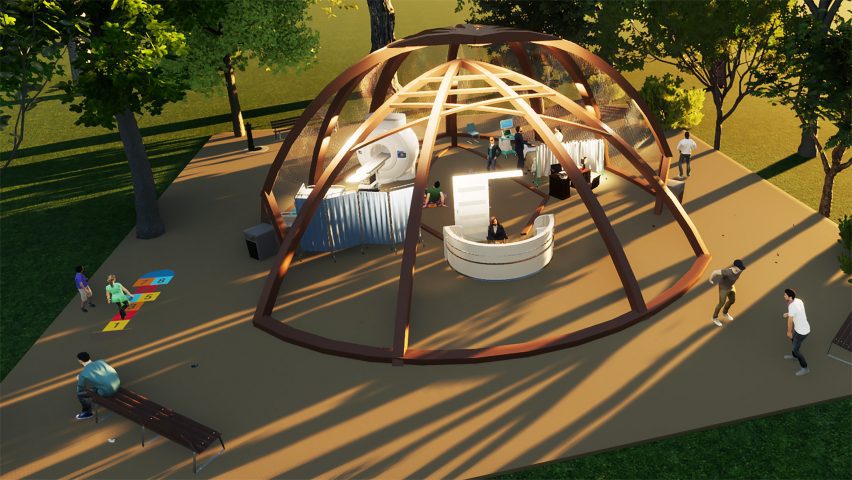 Visualisation d'un pavillon de forme circulaire constitué de poutres en bois marron. Il y a des personnages en dessous et autour, et il est entouré d'un espace vert avec des arbres verts.