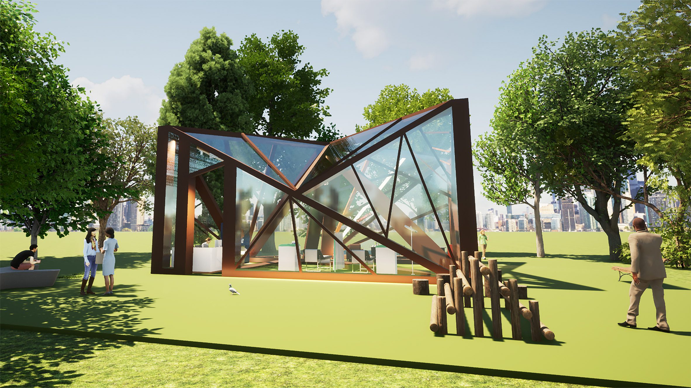 A visualisation of a cat rehoming centre in a geometric shape and tones of brown. It is situated outdoors within a green space, with people around the building.